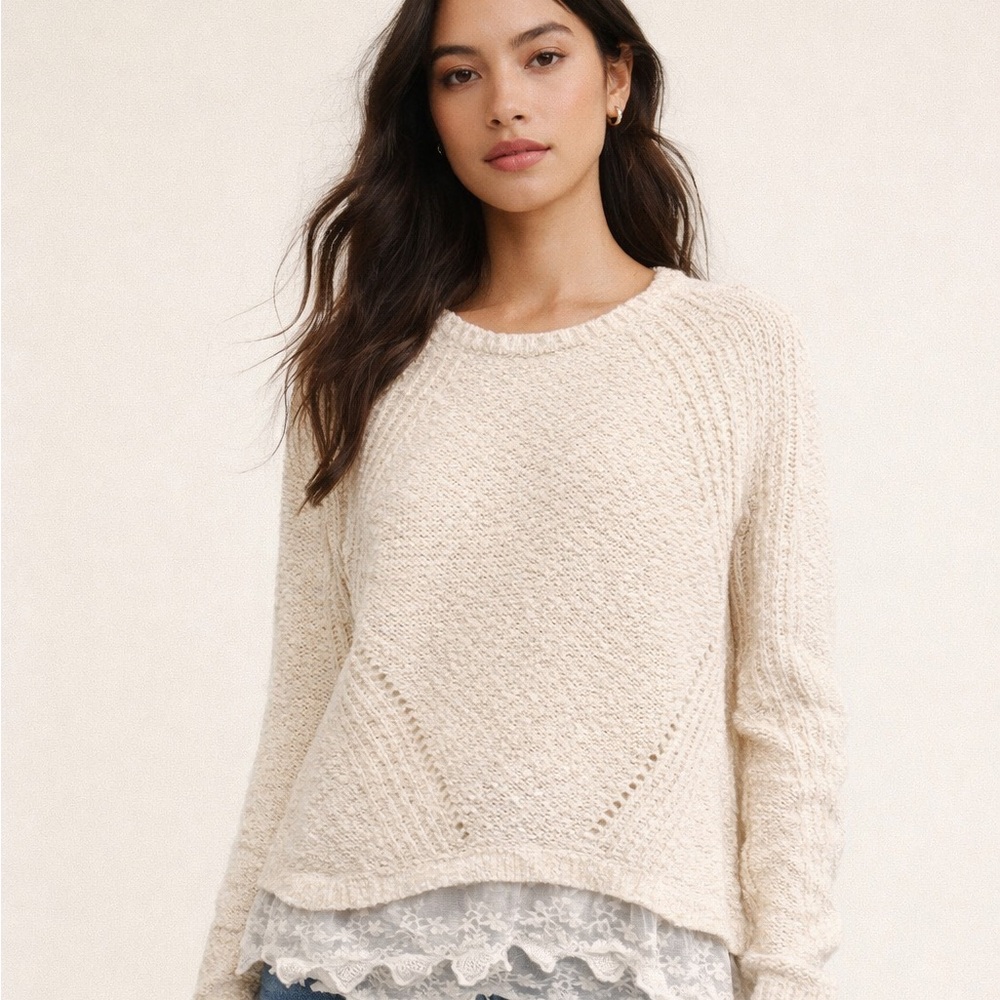 Cozy Casual Cream Chunky Knit Sweater Lace Hem Romantic Cottagecore Pullover